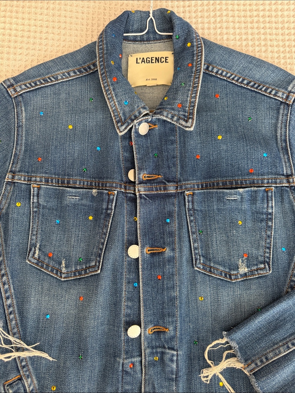 L'AGENCE Janel Blue Denim Jacket with Multicolor Stud Dots